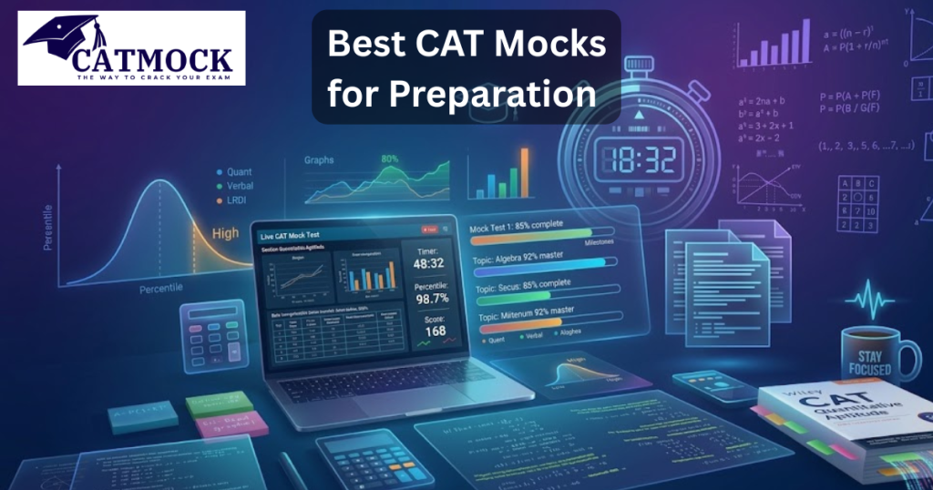 Digital dashboard showing CAT mock test analytics, percentile graphs, and preparation tools representing the best CAT mocks for preparation 2026.
