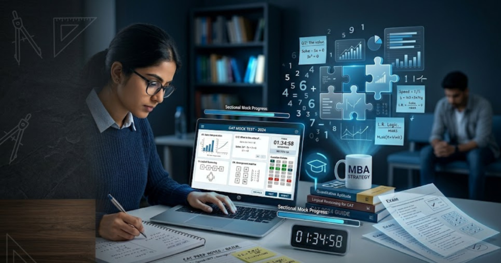 CAT aspirant practicing an online mock test with data interpretation charts and logical reasoning puzzles while downloading sample paper for CAT Online 2026 from CatMock.